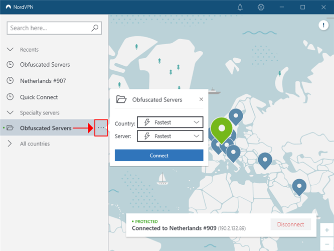 NordVPN shows the country options of obfuscated servers