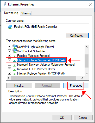 Windows 10 shows how to edit Ethernet properties