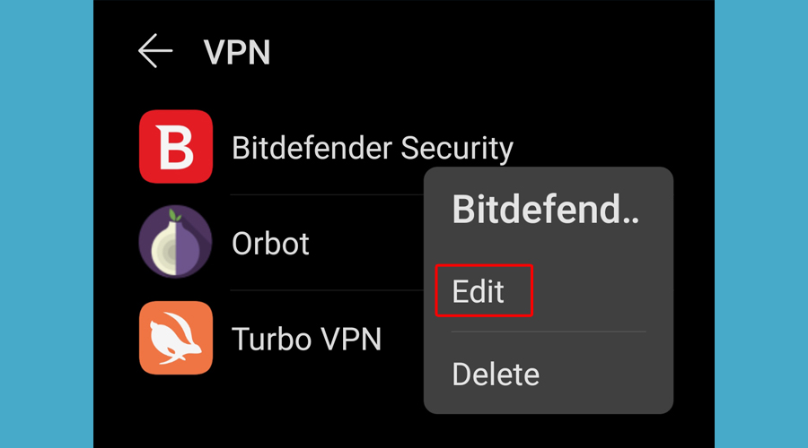 Android shows edit VPN