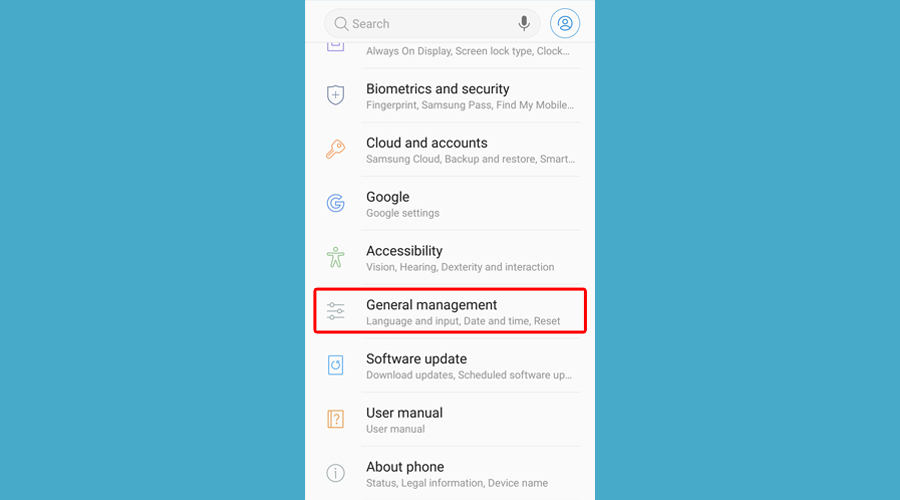 Android shows general management option