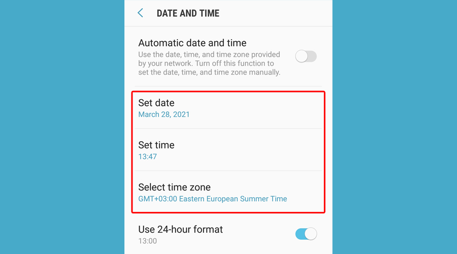 Android shows set date, time and select time zone