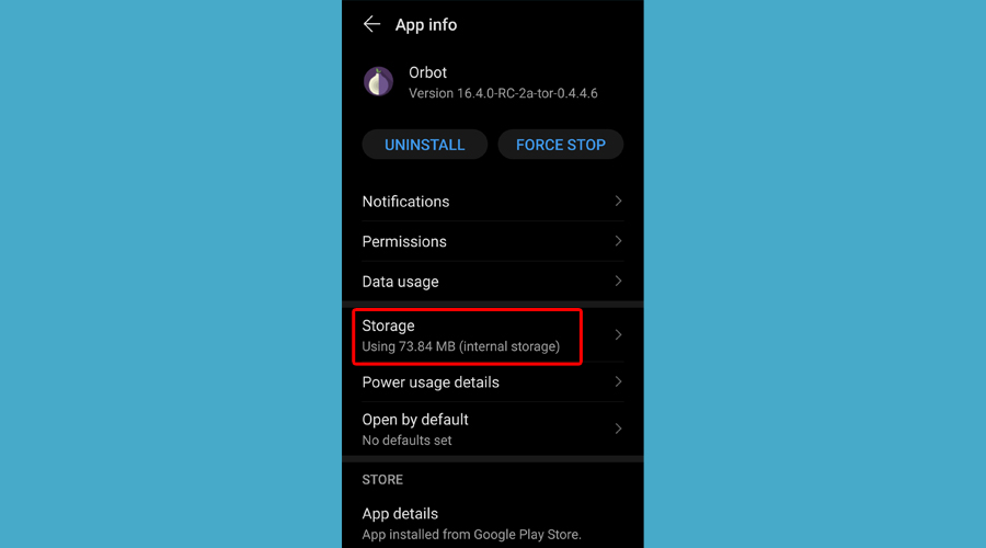 Android app info shows Orbot storage