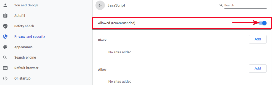 Chrome javascript allowed