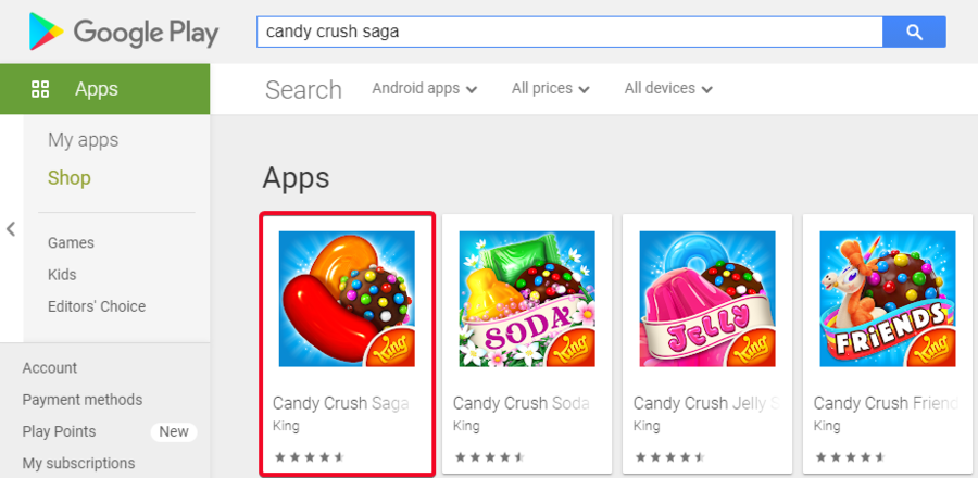 Google Play search Candy Crush Saga
