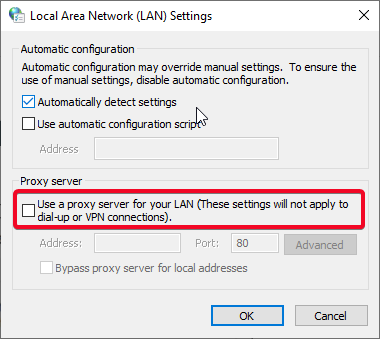 Windows shows LAN proxy server option