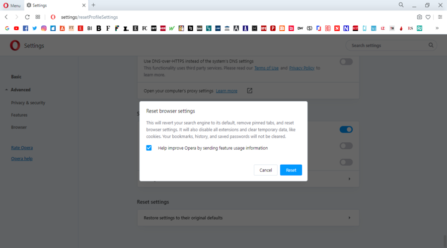 Opera shows Reset browser settings window