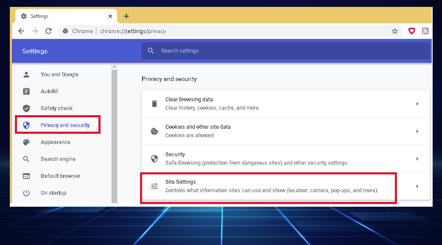 Chrome Privacy and Security displays Site Settings