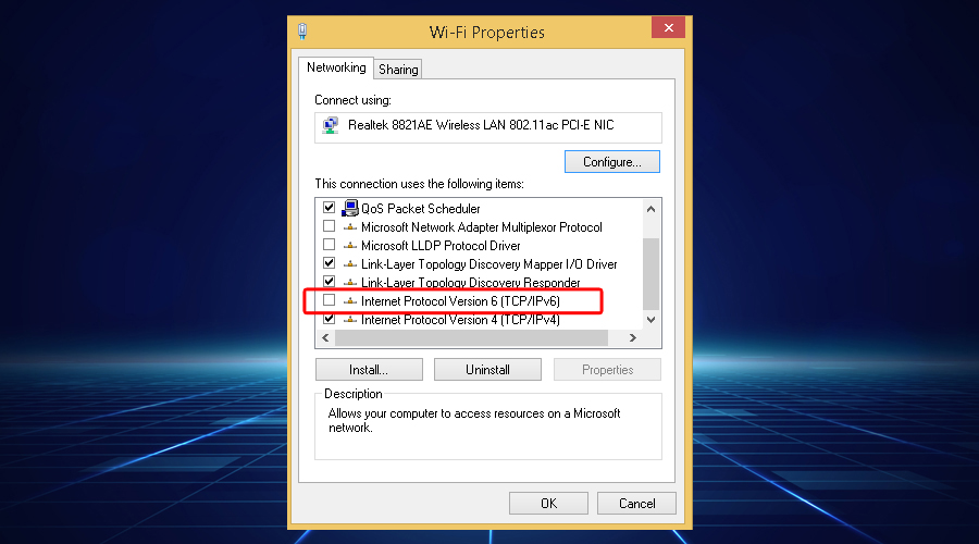 Windows Internet Protocol version 6 WiFi properties