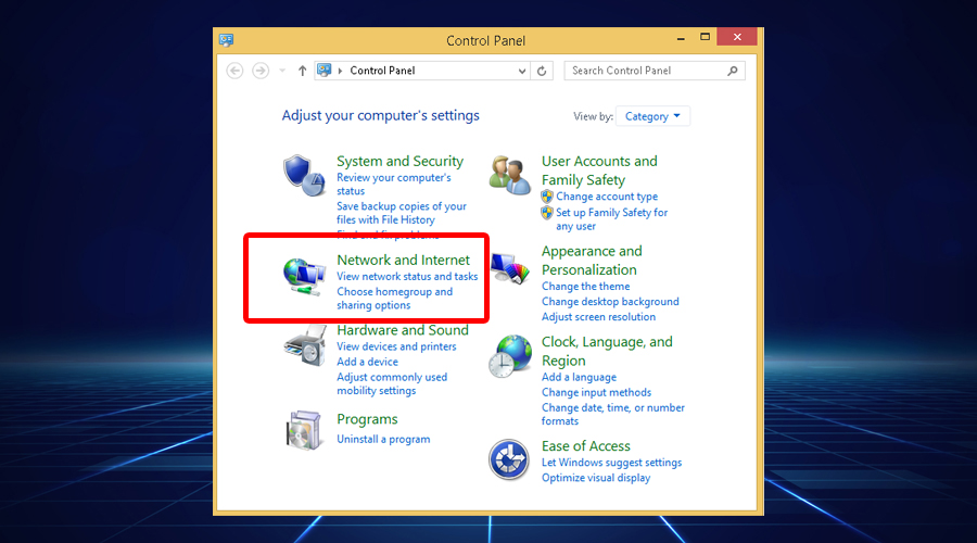 Windows shows control panel network and internet