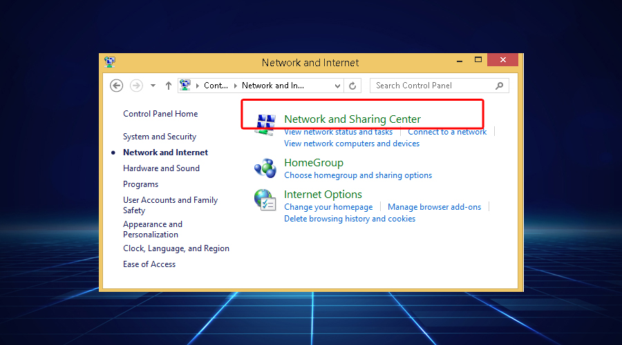 Windows shows network and sharing center