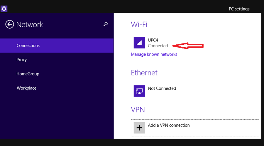 Windows shows network connections