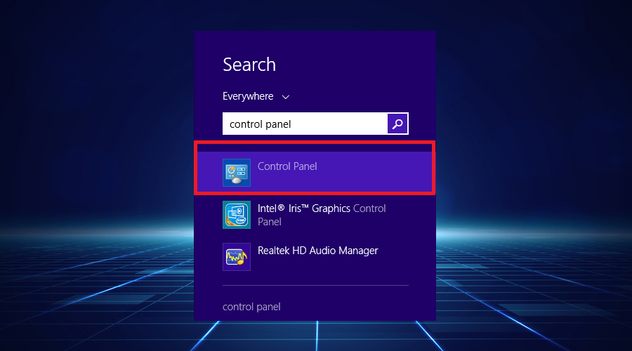 Windows shows search control panel