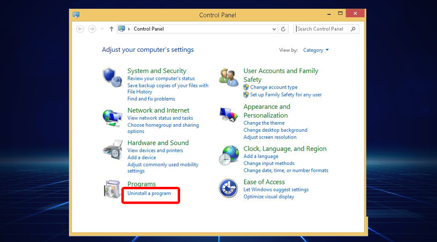 Windows shows control panel uninstall a program