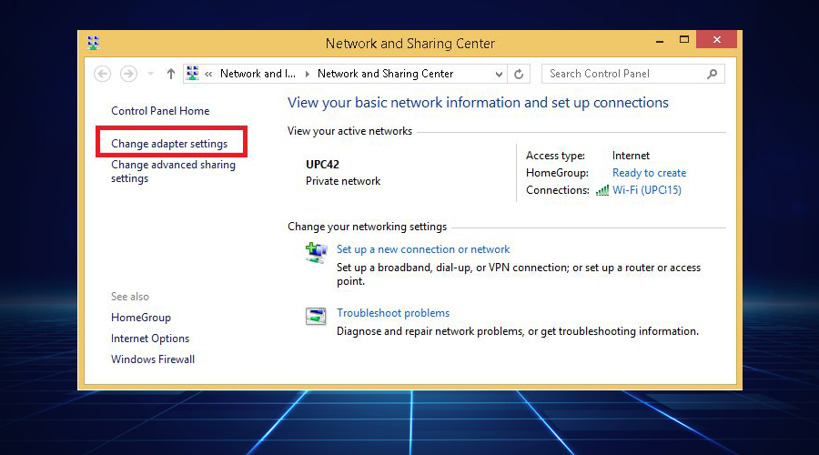 Windows shows Change adapter settings