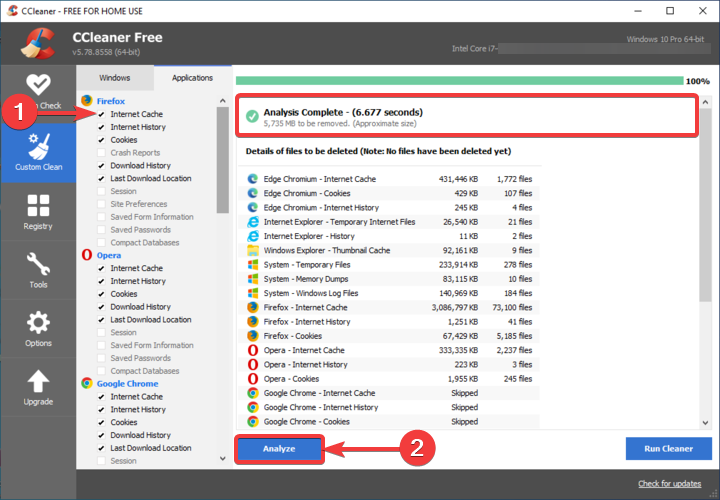 CCleaner shows Analyze