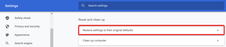 Chrome shows Restore settings to original defaults