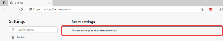 Edge shows Restore settings to default values