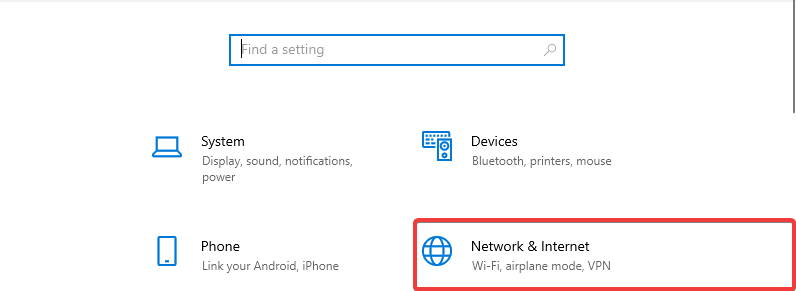 Windows 10 shows Network & Internet