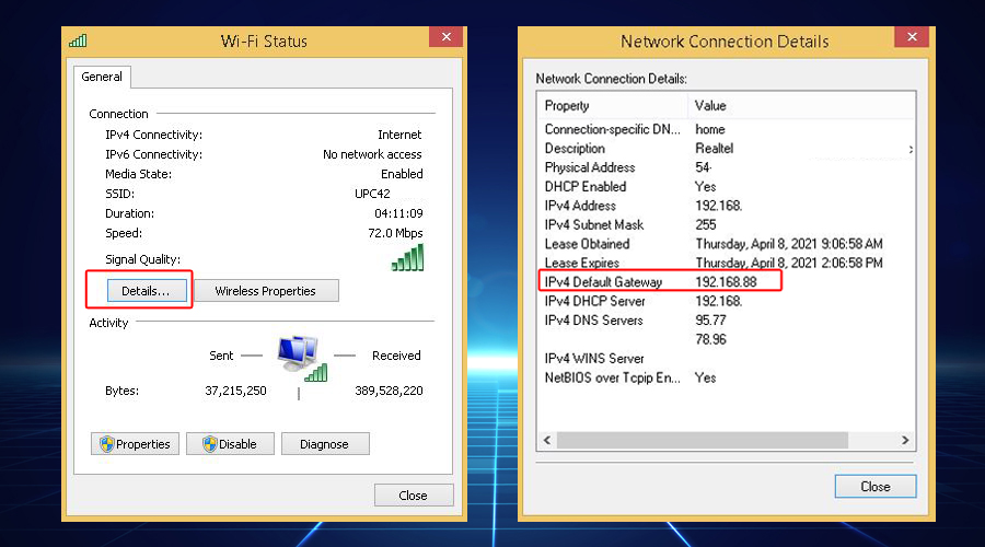 Windows shows network connection details