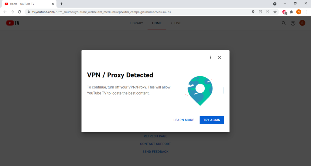 youtube tv vpn proxy detected
