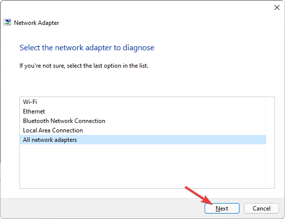 clicking next troubleshooting all network adapters