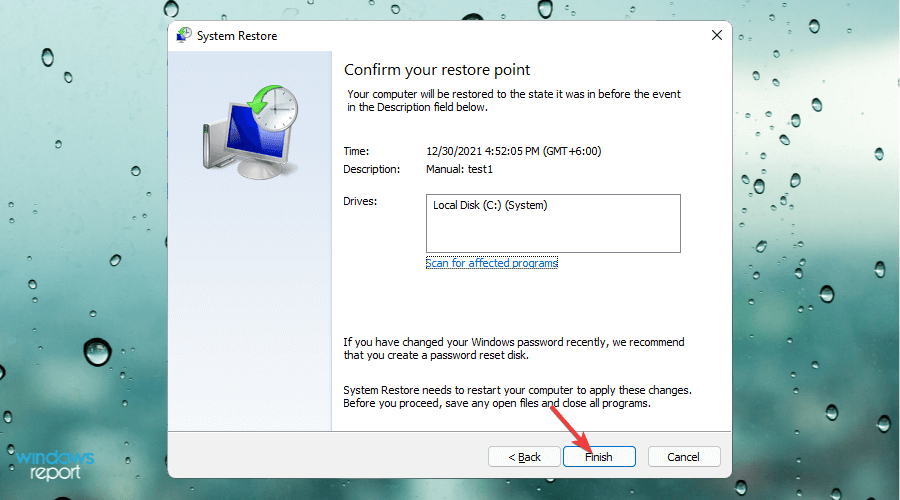 system restore finish button