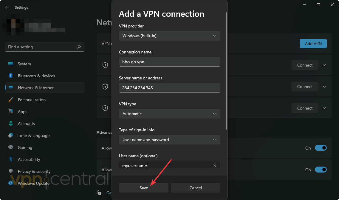 saving vpn configuration win11 settings