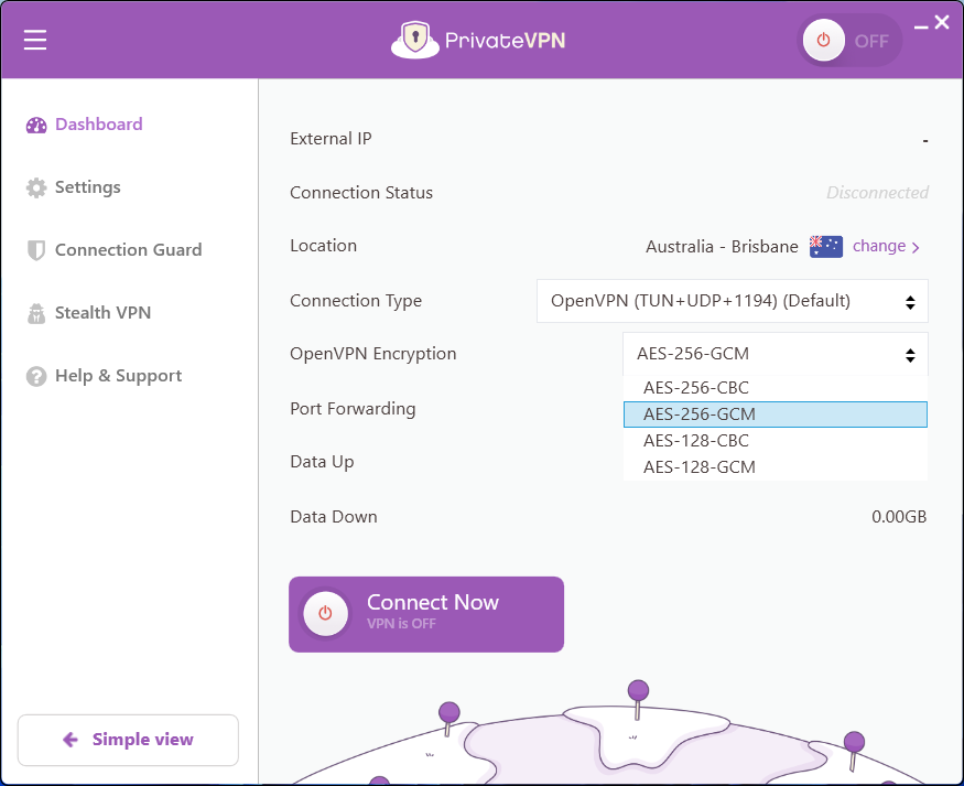 PrivateVPN - cheap one month VPN interface