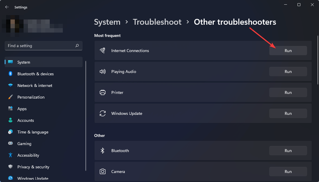 click run internet connections troubleshooter win11 settings