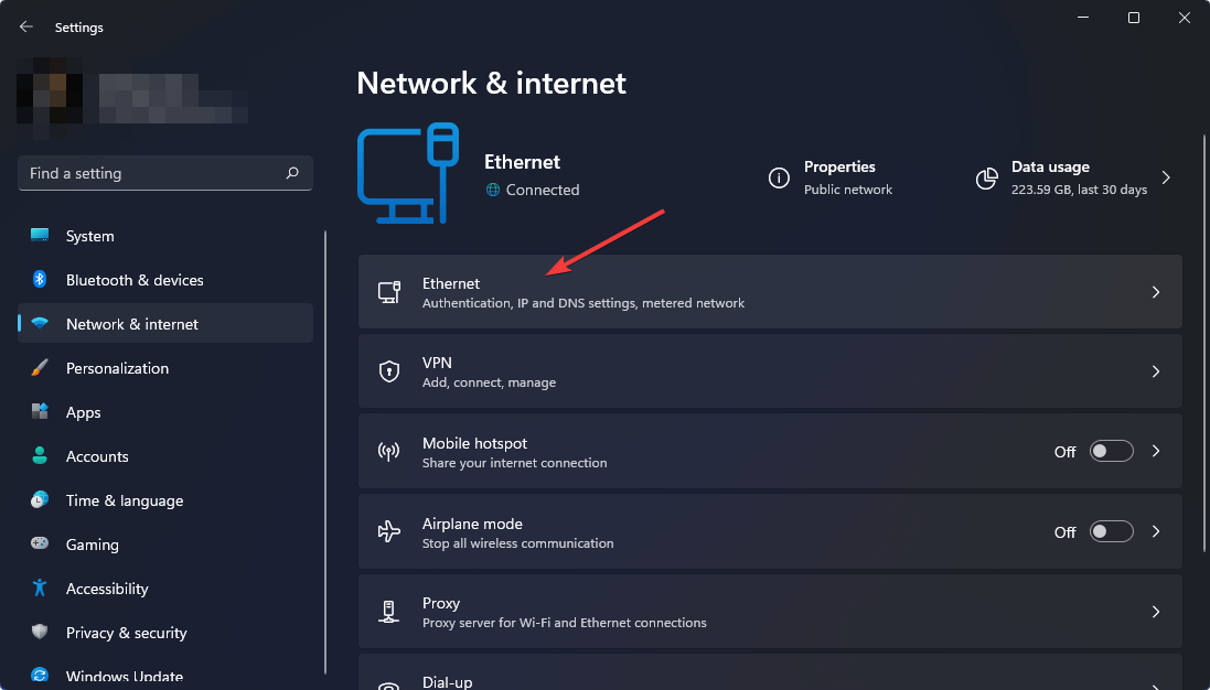 clicking on ethernet win11 settings