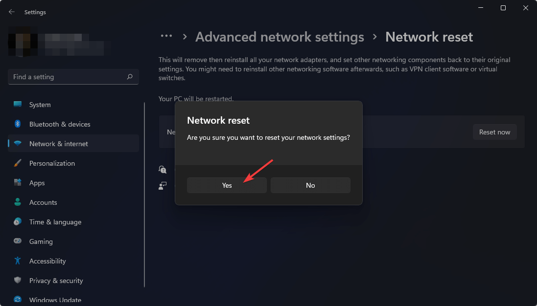 confirm network reset yes win11