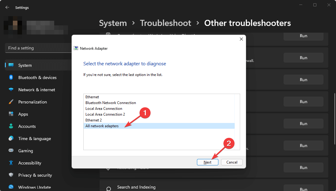 running all network adapter troubleshooter