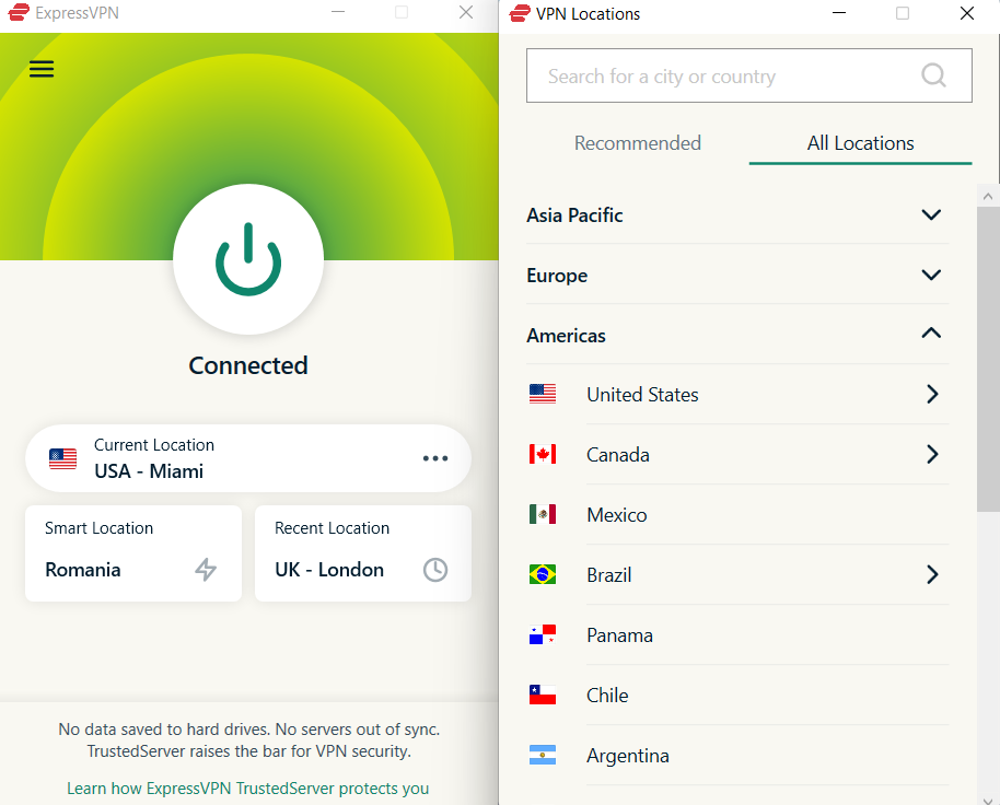 ExpressVPN connected to Miami US
