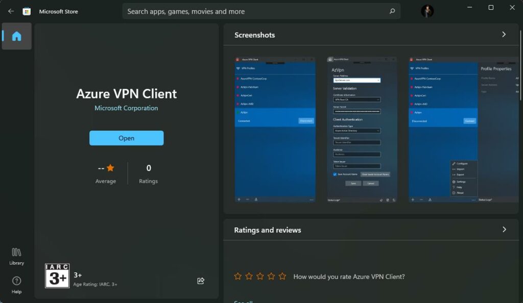 Azure VPN Cleint app microsoft store