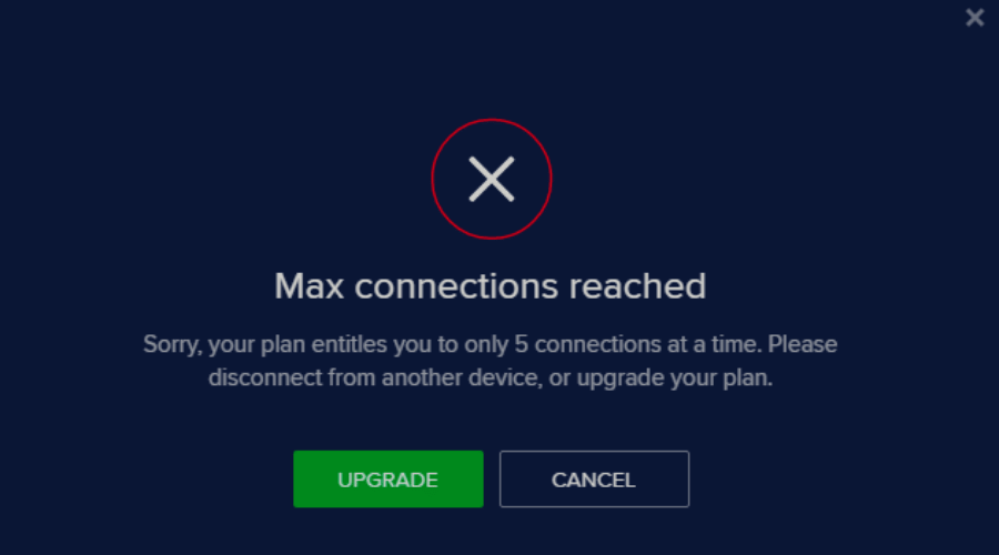 Screenshot: avast secureline vpn max connection reached