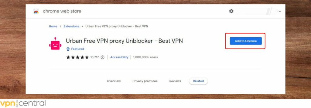 Image showing how to add Urban VPN extension from Chrome web store.