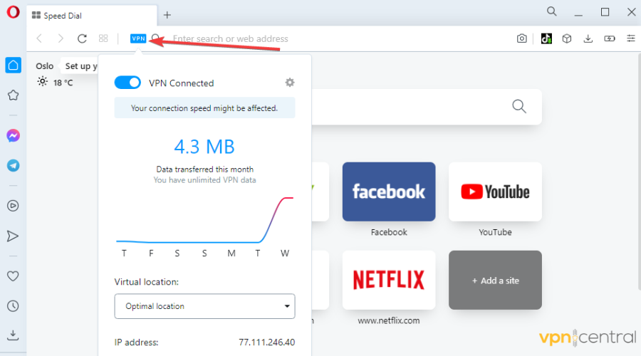Opera browser vpn connected