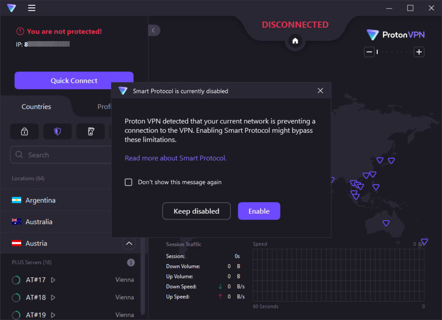 ProtonVPN smart protocol is currently disabled