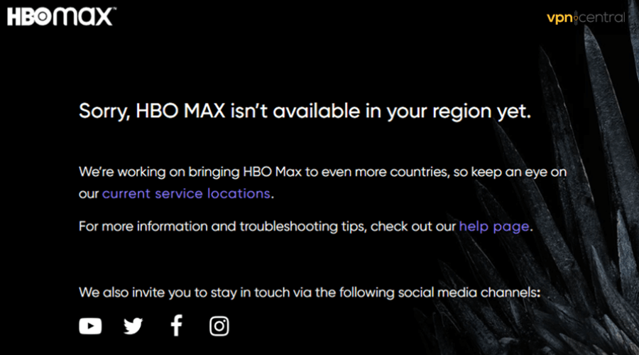 HBO Max not available in your region error message