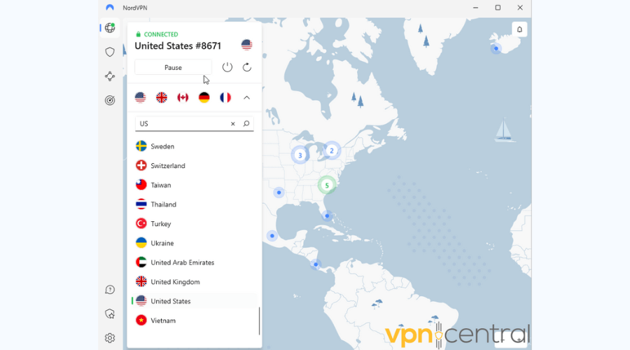 NordVPN connected to a server in the US