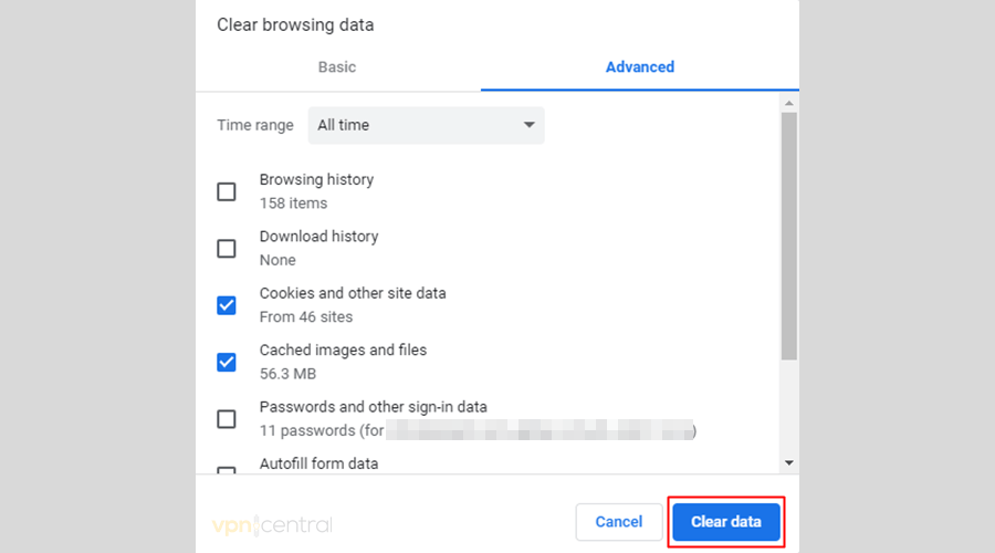 Clear all browsing data on Google Chrome