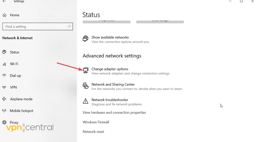 change adapter settings section in windows settings