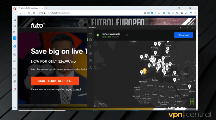 watch fubotv with ipvanish connected to spain