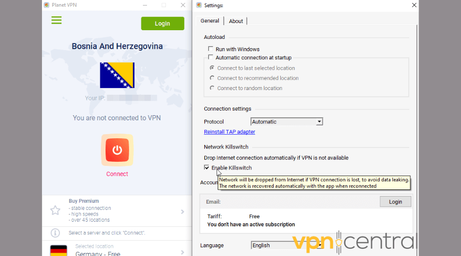 Planet VPN settings