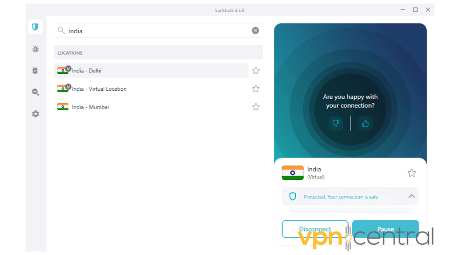 Surfshark connected to a server in India