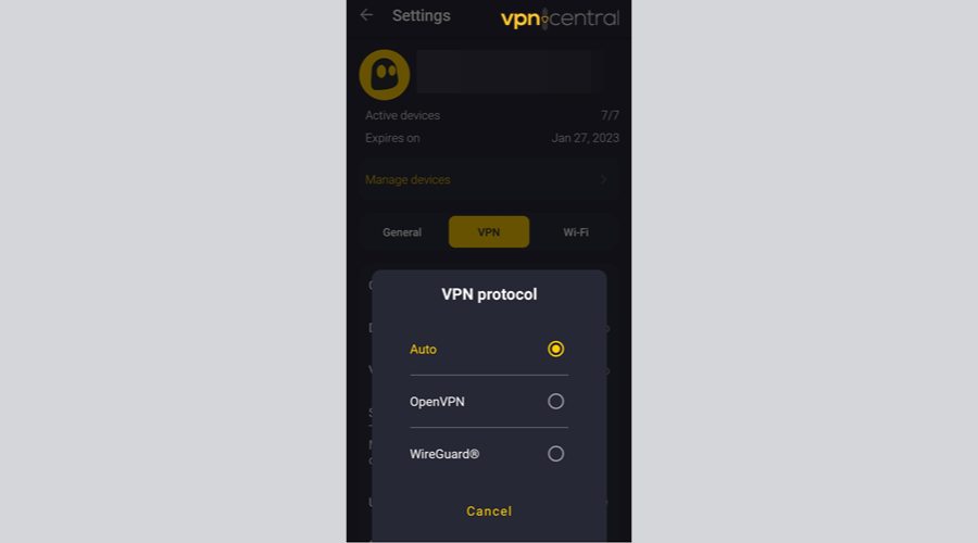 Select a VPN protocol for CyberGhost