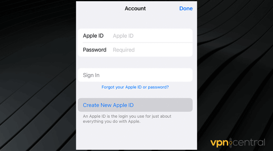 create new apple id option in ios settings