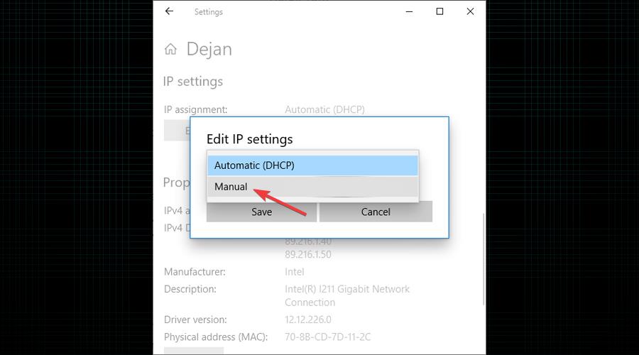 Options to edit IP settings