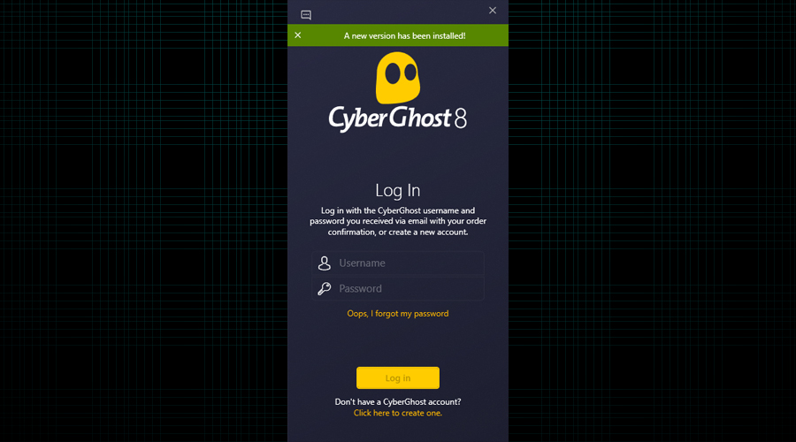 CyberGhost Log In screen