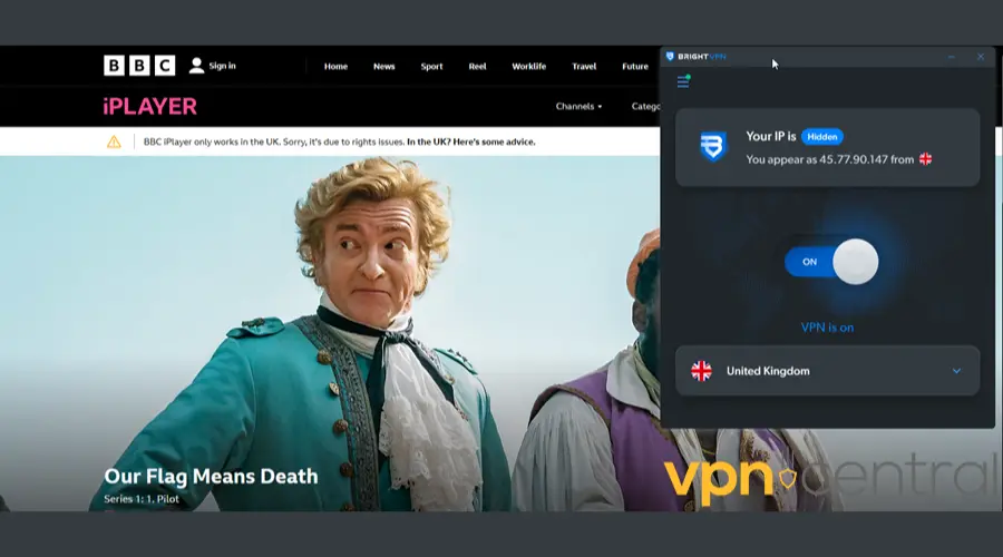 BBC iPlayer error message with Bright VPN on